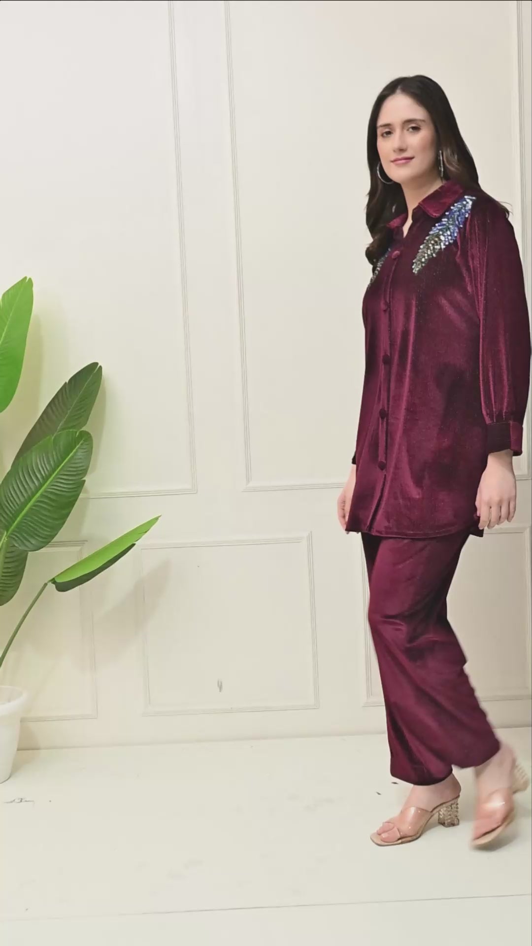 Maroon Shimmer Velvet Co-ord set with Sequence Work paired with Smart Pants -Set of 2
