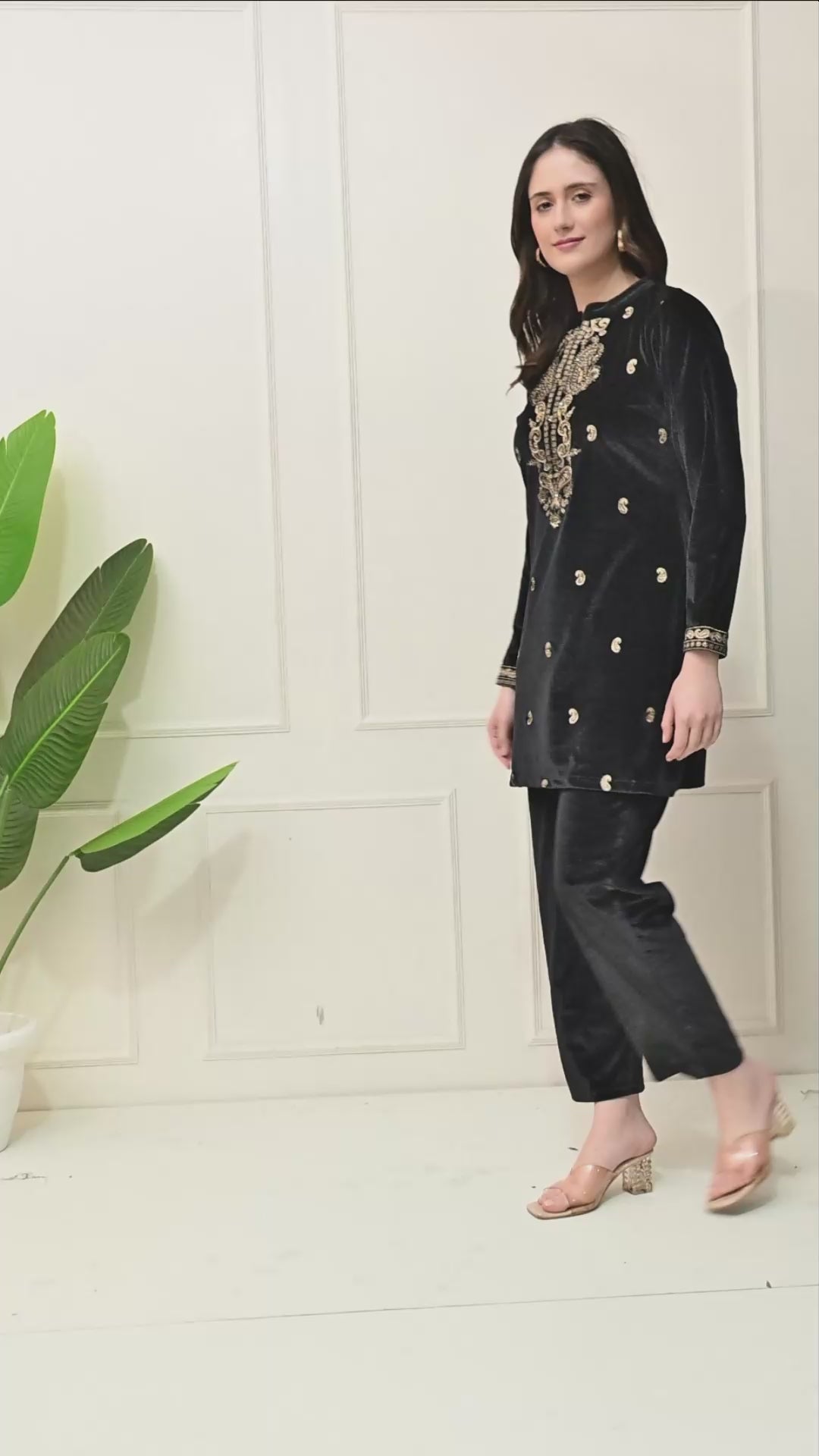 Black Velvet Co-ord set with Zari Sequence and Cutdana Work Paired with Smart Pants- Set of 2